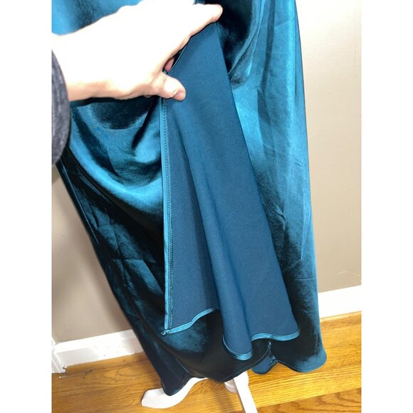Teal Satin Dress Cap Sleeve Cowl Midi Maxi Formal Party Occasion Glam Womens L - Picture 12 of 13